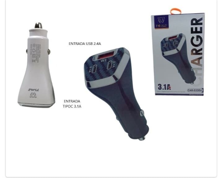 Cargador Auto 3.1 A Rápida 2 salida y 1 Usb Time